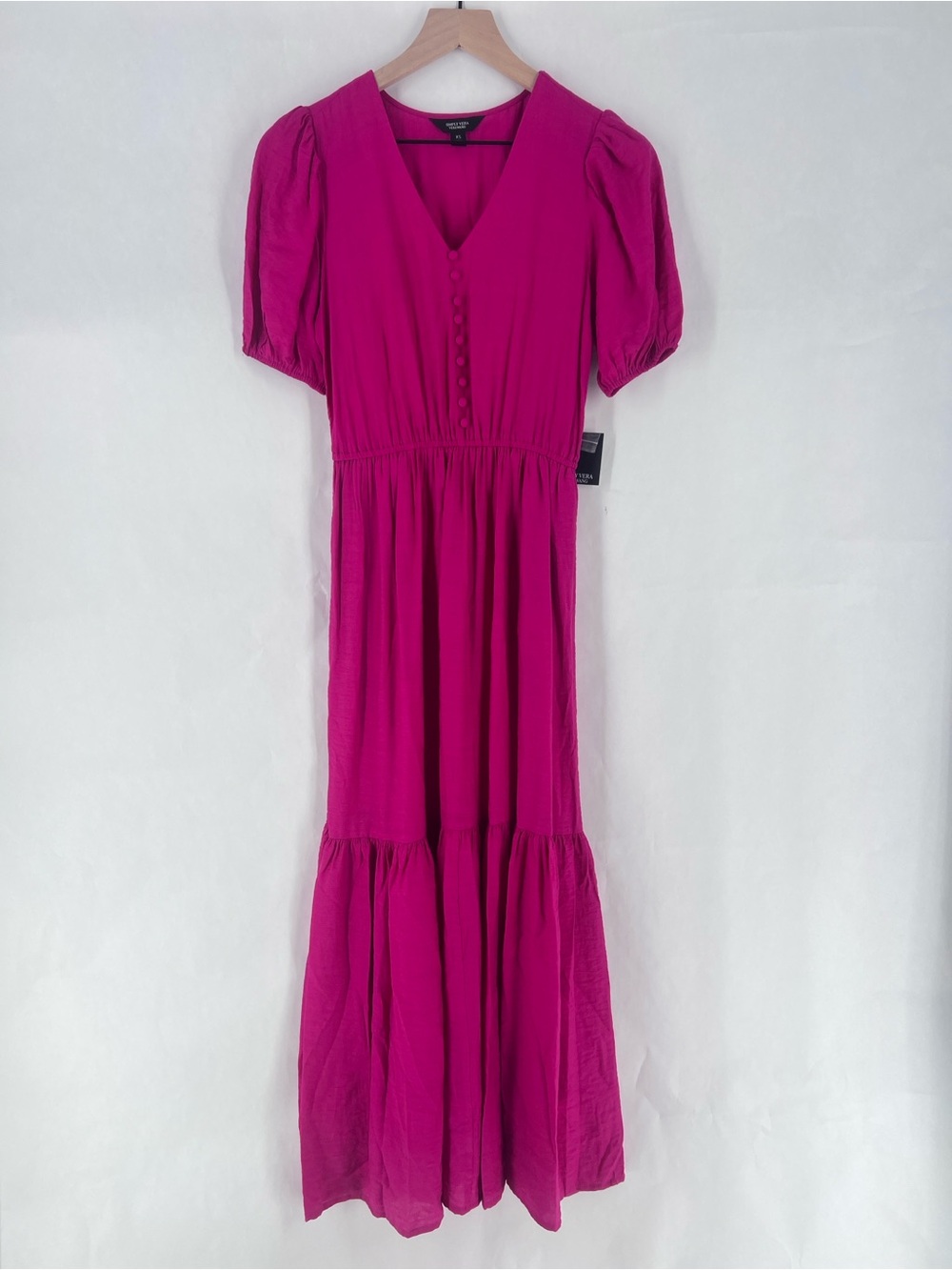 Simply Vera Vera Wang Semi Satin‎ Pink V-Neck Puff Sleeve Maxi Dress Size XS NWT